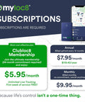 Clubloc8 membership subscription options with pricing for myloc8 GPS tracker, showcasing monthly and annual plans.