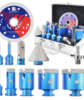 Top Shelf Diamond Core Drill Bit And Tile Hole Saw Kit Featuring Slick Segmented Blades For Precision Cutting Porcelain Ceramic Marble Granite Masonry Complete Multi Size Set With Quick Chamfer Tool For No Sweat Wet Or Dry Jobs. 11 piece kit with segmented blades and chamfer tool in blue carrying case.