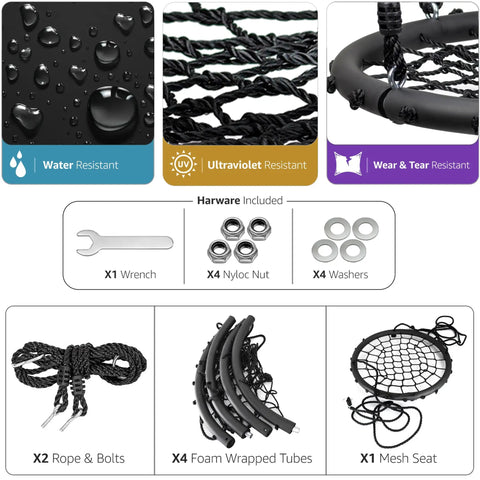 Components for Saucer Tree Swing For Kids, 24 Inch Net Seat Disc Round Swing with water-resistant and UV-resistant features.