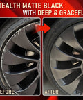 Matte Black Rim Touch Up Paint Pen Quick Cure For Curb Rash And Scuffed Wheels Auto Alloy Scratch Fix showing before and after wheel repair.