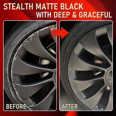 Matte Black Rim Touch Up Paint Pen Quick Cure For Curb Rash And Scuffed Wheels Auto Alloy Scratch Fix showing before and after wheel repair.