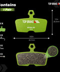 Graphene Compound Mountain Bike Brake Pads For SRAM Avid Code R E RSC Guide RE G2 RE DB8 Motive Ebike Enduro Downhill Racing Quiet Smooth Braking With Grippy Bite And Long Lasting High Temperature Performance, green color, with measurements.