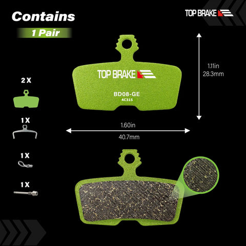 Graphene Compound Mountain Bike Brake Pads For SRAM Avid Code R E RSC Guide RE G2 RE DB8 Motive Ebike Enduro Downhill Racing Quiet Smooth Braking With Grippy Bite And Long Lasting High Temperature Performance, green color, with measurements.