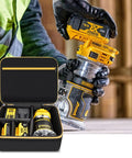 Top Reliable Canvas Tool Stash Designed For Dewalt 20V Max Xr Cordless Router DCW600B And Makita XTR01Z with battery and charger.