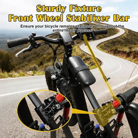 Heavy Duty E Bike Repair Stand With 110 Lbs Capacity showing front wheel stabilizer on mountain road