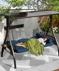 Three Seat Outdoor Patio Porch Swing With PVC Adjustable Hardtop 3 In 1 Convertible Chair For Adults Cushioned Seat Pillows And Cup Holders