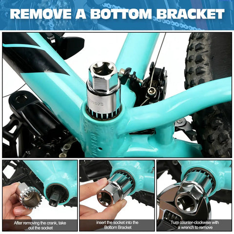 Versatile Bike Crank Puller Tool for Square Taper and Splined Cranks showing bottom bracket removal on bike frame