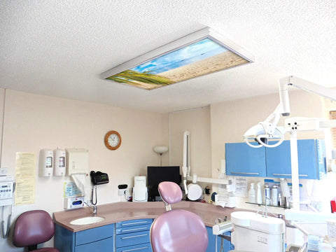 Backlit Film Insert For 2x4 Fluorescent Ceiling Lights, Easy Install Light Cover in school office, sandy beach design, 22.38x46.5 inches