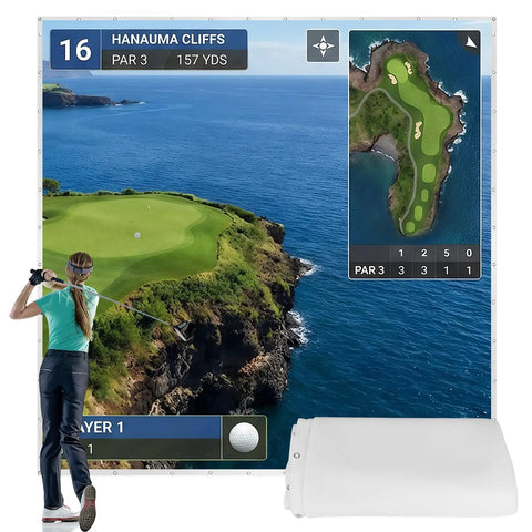 Ultra Clear Golf Simulator Screen For Indoor And Outdoor Practice displaying ocean cliff golf course scene.