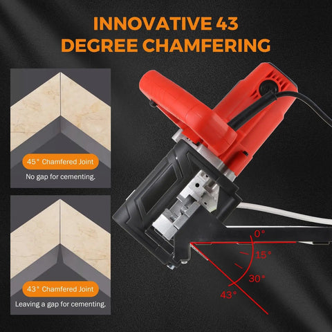 Heavy Duty Electric Tile Angle Cutting Machine With 43 Degree Chamfering Guide For Ceramic Tiles Smooth Bevel Cuts showing 43° chamfer detail.