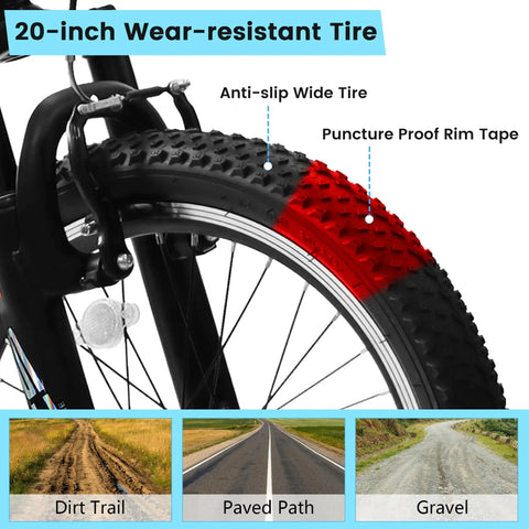 Close-up of 20-inch wear-resistant tire with anti-slip wide tread on Kids Mountain Bike 20 Inch With 7 Speed Drivetrain, Front Suspension Fork And Disc Brakes, Easy To Ride For Ages 5 10, Rider Height 48 60 Inches, Lightweight Yet Sturdy, Dope Color Options, Perfect Christmas Or Birthday Gift, showcasing adaptability to dirt trail, paved path, and gravel.