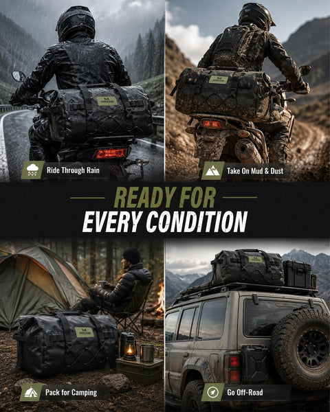 Rider with Waterproof Motorcycle Dry Bag 60L With Roll Top Closure Tail Saddle Luggage on road and off-road adventures