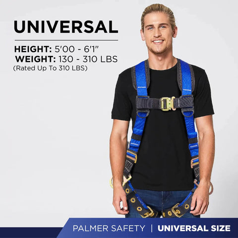 Man wearing a Fall Protection Five Point Safety Harness With Dorsal D Ring And Quick Connect Buckle Grommet Leg Straps Sewn In Back Pad OSHA And ANSI Compliant Personal Fall Arrest System Pro Grade Blue Universal Size