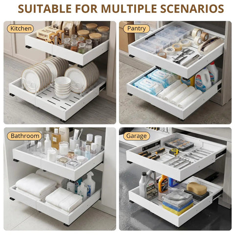 Two Pack Slide Out Cabinet Organizers With Adjustable Width And Depth For Kitchen Storage Smooth Glide Heavy Duty Drawer Pulls Zero Drama in kitchen and bathroom.