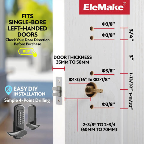 Mechanical Door Lock With Handle Keypad Entry Left Handed Lever Lock For Single Hole Doors Keyless Access Not Deadbolt Easy Install Breezy And Durable Steel Construction illustration of installation measurements and features.