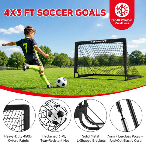 Child kicking soccer ball at Two Pack 4x3 Feet Kids Soccer Goals For Backyard Portable Pop Up Nets with Targets on grass field