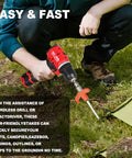 Person using drill with Beefy 8 Inch Screw In Tent Stakes With Hex Head Driver 12 Pack Ground Anchors for camping on grass