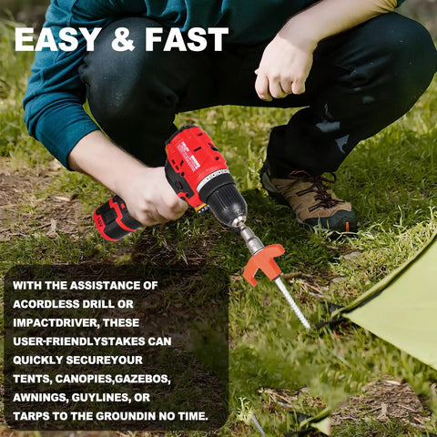 Person using drill with Beefy 8 Inch Screw In Tent Stakes With Hex Head Driver 12 Pack Ground Anchors for camping on grass