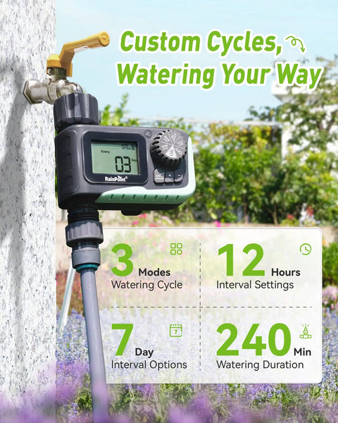 Outdoor Sprinkler Timer For Garden Hose With Large LCD Screen attached to faucet, green with black dials in yard setting