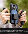 Person using CFexpress Type A Single Slot Mobile Card Reader With USB C 3.2 Gen 2 on iPhone for data transfer.