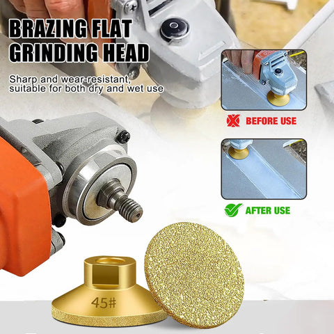 3 Pack 2 Inch Diamond Grinding Cup Wheel Set For Angle Grinders Brazed Flat Grinding Heads displayed with grinder