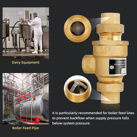 Brass 1/2 in backflow preventer with inlet/outlet unions and vent; dairy equipment and boiler feed pipe collage.