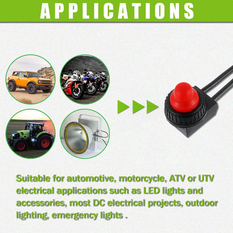 Waterproof Push Button Switch 12V On Off SPST With 4.5 Inch Leads For Motorcycle And Car Red Pack Of 5 Durable, Dustproof, IP67 Rated, Heavy Duty Sealed Aluminum Body, Built Tough For Off Road, Street Bikes, ATVs. Red push button switch for cars, motorcycles, ATV, and lighting
