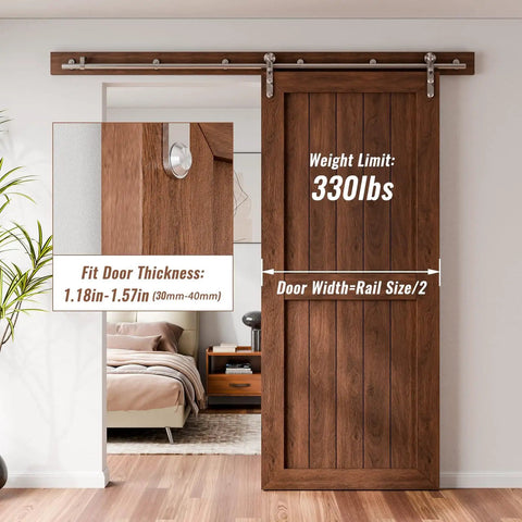 4 Ft Stainless Steel Sliding Barn Door Hardware Kit With Built Tough Smooth Quiet Rollers installed on wood door