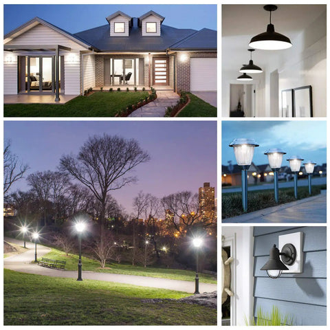 Collage of homes and parks illuminated by Outdoor Dusk To Dawn LED Light Bulbs 11W Auto On Off Sensor Daylight 5000K A19 With E26 Base