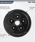 Trailer brake drum hub, front view, black, 10-inch diameter, 5-lug on 4.5-inch bolt circle.