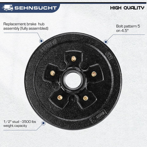 Trailer brake drum hub, front view, black, 10-inch diameter, 5-lug on 4.5-inch bolt circle.