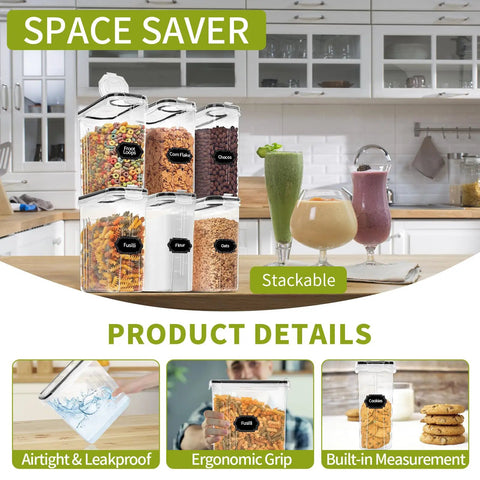 Four Pack Cereal Storage Containers With Airtight Lids And Pour Spouts, 4L Each For Easy Pantry Organization, BPA Free Plastic Dispensers