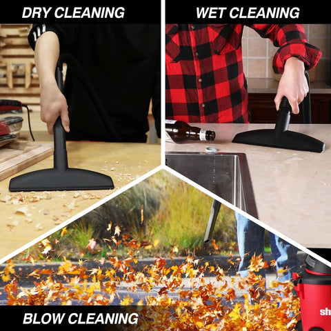8 Gallon Wet Dry Vacuum With 4.5 Peak HP Motor, 3 In 1 Multi Function showing dry, wet, and blow cleaning on different surfaces