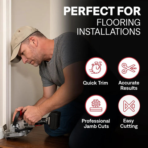Man using 20V Cordless Undercut Saw Kit With 8000 RPM Power For Door Jambs, Trim And Flooring, includes 4.0Ah Battery
