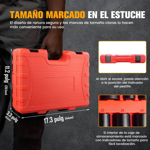 Half Inch Drive Deep Impact Socket Set 29 Piece Six Point SAE And Metric From Three Eighths Inch To One Inch And Ten To 24 MM Chrome Vanadium With Three And Five Inch Extension Bars And Socket Adapter in red carrying case.