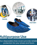 Disposable Blue Shoe Covers 50 Pack 25 Pairs One Size Fits All Non Slip Waterproof Indoor Booties shown in travel, office, factory settings