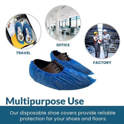 Disposable Blue Shoe Covers 50 Pack 25 Pairs One Size Fits All Non Slip Waterproof Indoor Booties shown in travel, office, factory settings