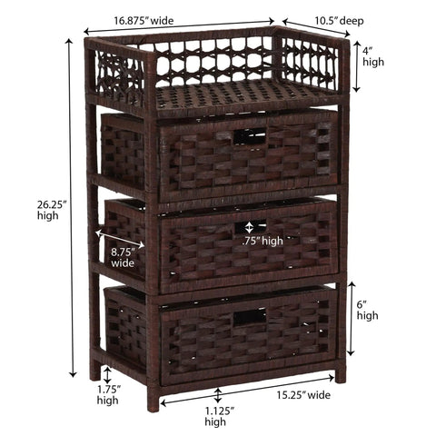 Woven 3 Drawer Chest With Cutout Handles For Small Spaces, Paper Rope Wicker Storage Organizer, Dark Stained Wood Frame, Compact Cabinet With Open Top Shelf For Nooks And Crannies