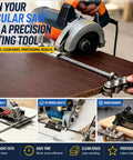 Precision Circular Saw Guide Rail Kit Featuring Heavy Duty Positioning Calipers delivers straight line cuts on wood with smooth glide.
