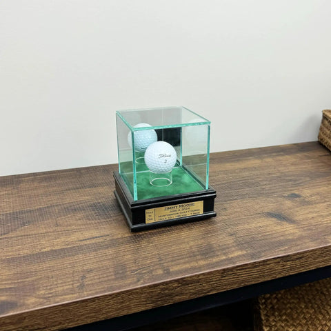 Hole In One Golf Ball Display Case With Real Glass, 1 1/2 Inch Sport Moulding, UV Protected, Personalized Keepsake On Wooden Shelf
