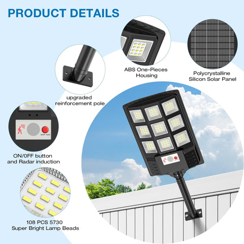 IP66 Waterproof Solar Street Lights With Motion Sensor And Remote, mounted on pole, polycrystalline panel, 108 LED, 2 Pack