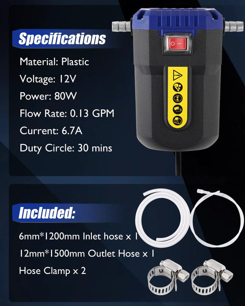 12V 80W Oil Extractor Pump With Auto Overload And One Touch Emergency Stop, hoses and clamps visible
