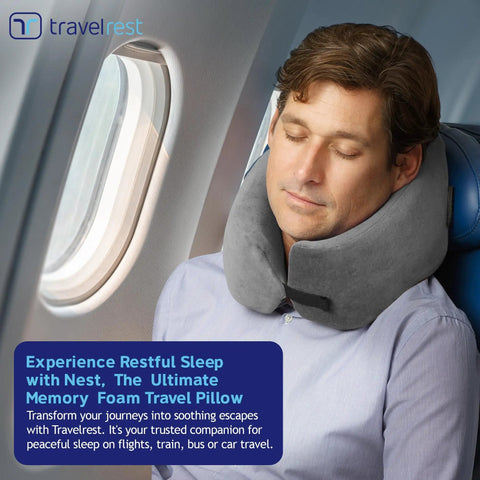 Man using Nest Neck Support Pillow For Travel Memory Foam Travel Pillow For Long Flights Compact Washable Attaches To Luggage