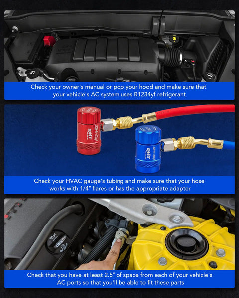 R1234yf Quick Coupler Adapters Set For Automotive Air Conditioning High And Low Pressure Connectors 5 And 6 Ball Quick Couplers mounted on car AC ports