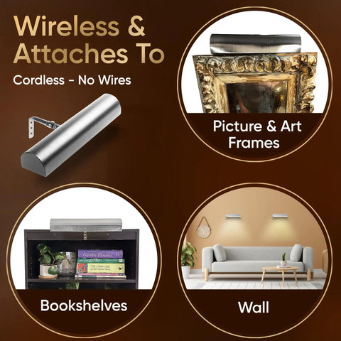 Battery Operated Picture Light With Remote Control, Dimmable Wireless Wall Art Light for frames, bookshelves, walls. 18 Inch Satin Nickel.