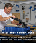 Pro Grade Heavy Duty Pocket Hole Jig For Woodworkers Fast Precise Drill Press Compatible joinery tool in use at workshop.