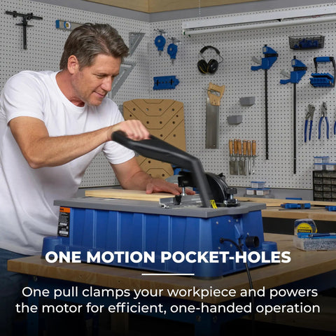 Pro Grade Heavy Duty Pocket Hole Jig For Woodworkers Fast Precise Drill Press Compatible joinery tool in use at workshop.