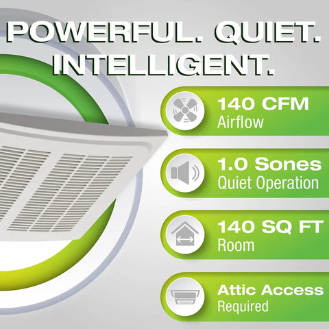 Humidity Sensing Bathroom Vent Fan For Large Bathrooms 140 CFM With Auto On Off Quiet Exhaust Powerful Airflow 1.0 Sone Energy Star Rated Red And Green LED Indicators