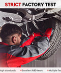 Mechanic performing strict factory test on vehicle undercarriage and tire alignment