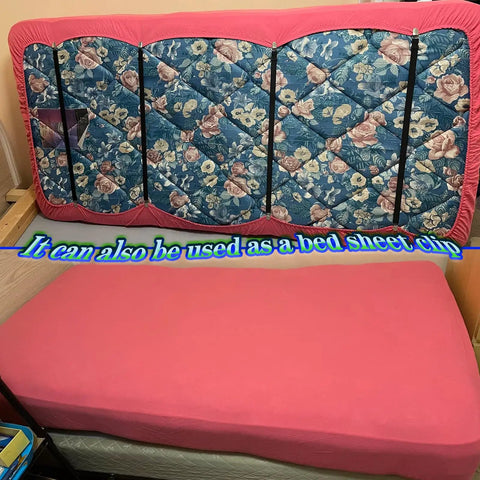 Premium Adjustable Elastic Strap Holders For Recliner Sofa Couch And Loveseat Slipcovers keep cushion covers secure on pink bed with floral mattress.